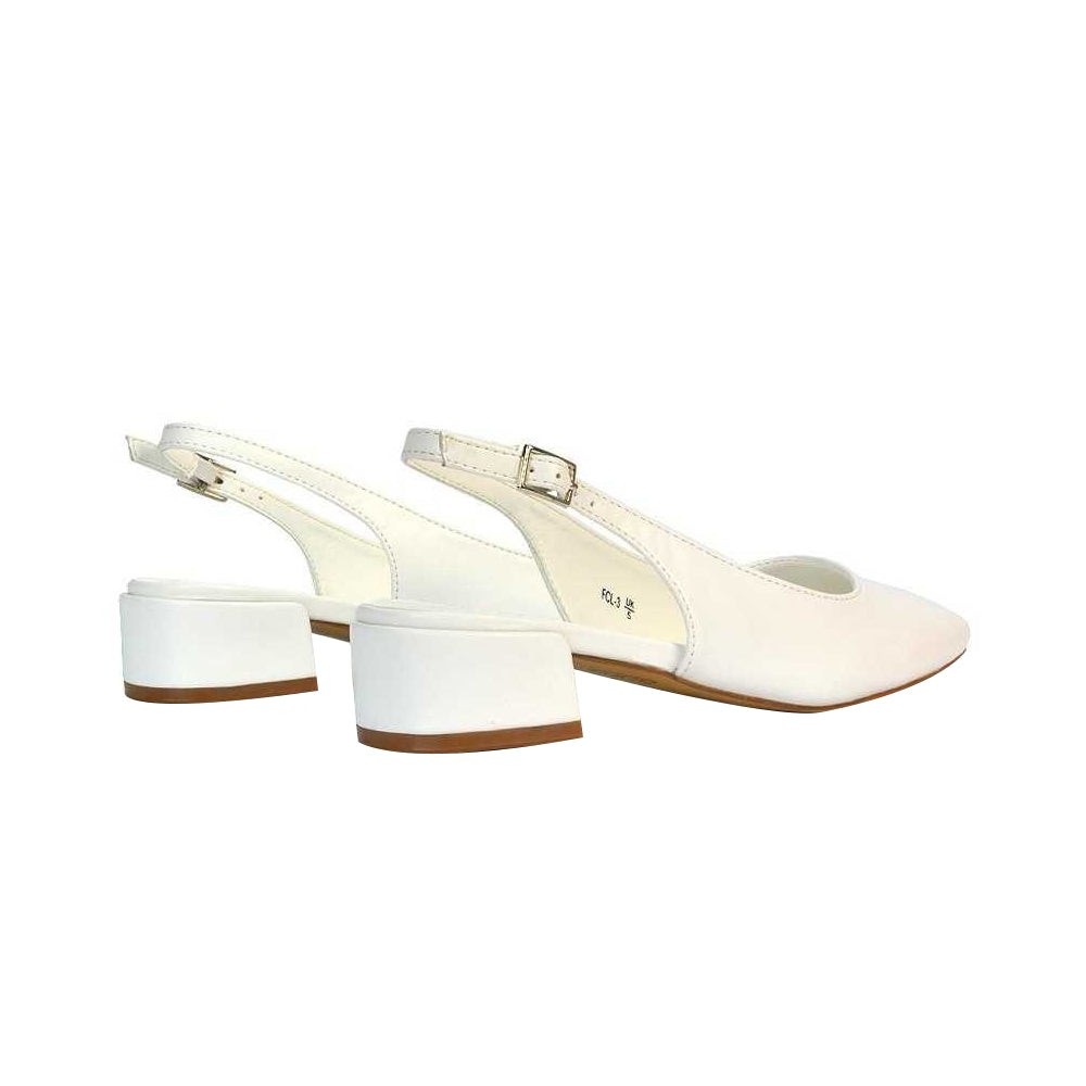 White - Back - XY London Womens-Ladies Jilly Sling Back Low Block Heel Court Shoes