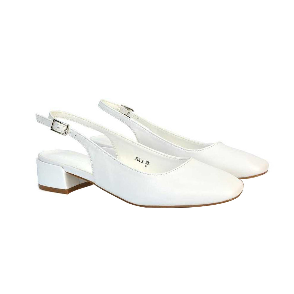 White - Front - XY London Womens-Ladies Jilly Sling Back Low Block Heel Court Shoes