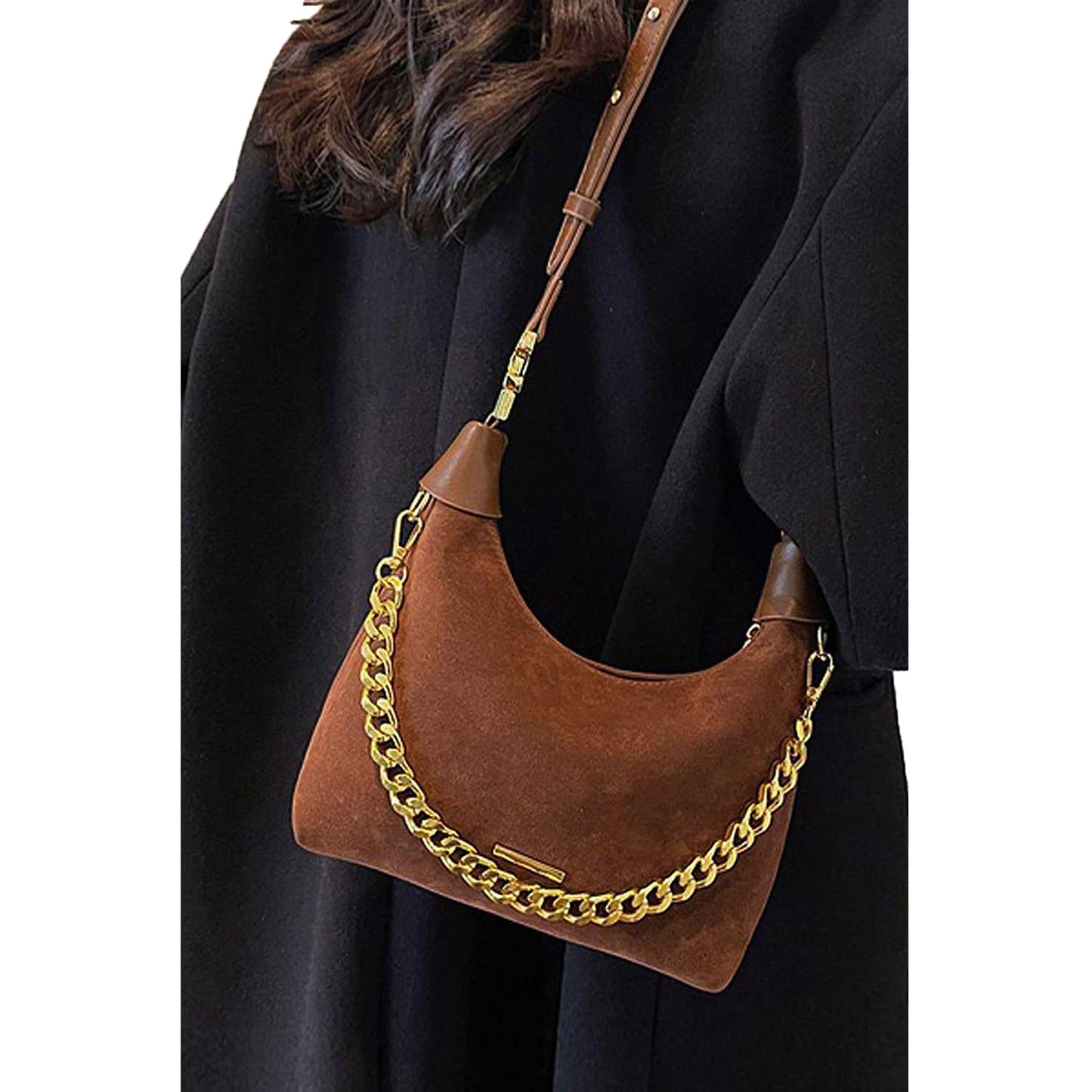 Tan - Side - XY London Womens-Ladies Livvy Faux Suede Detachable Chain Handbag