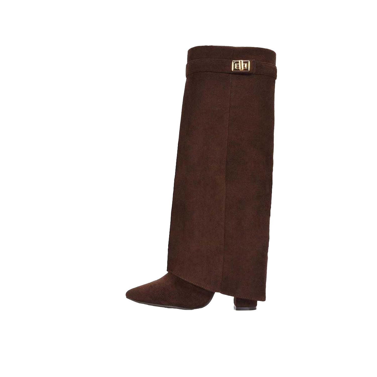 Chocolate - Back - XY London Womens-Ladies Rayna Fold Over Pointed Knee-High Boots
