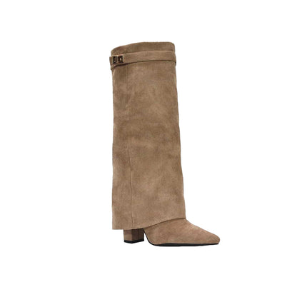 Taupe - Front - XY London Womens-Ladies Rayna Fold Over Pointed Knee-High Boots