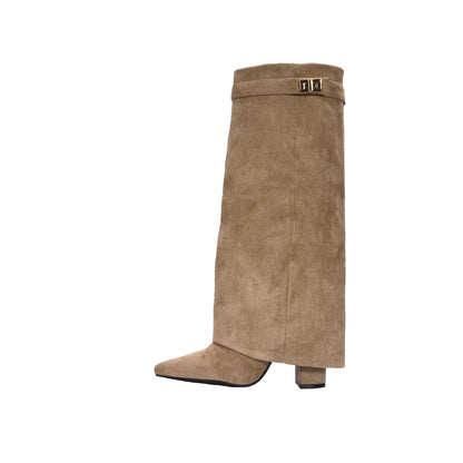 Taupe - Back - XY London Womens-Ladies Rayna Fold Over Pointed Knee-High Boots