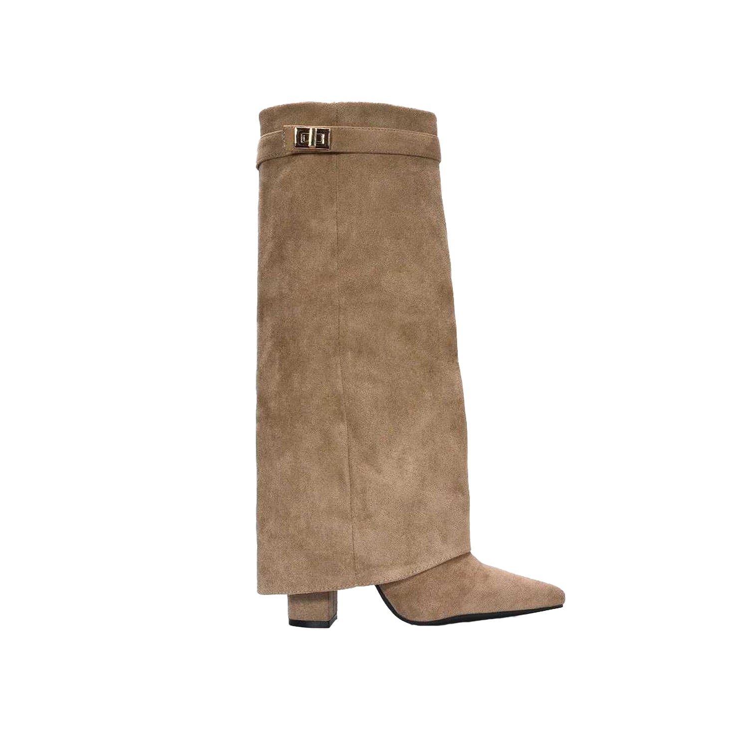 Taupe - Side - XY London Womens-Ladies Rayna Fold Over Pointed Knee-High Boots