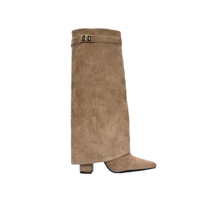 Taupe - Side - XY London Womens-Ladies Rayna Fold Over Pointed Knee-High Boots