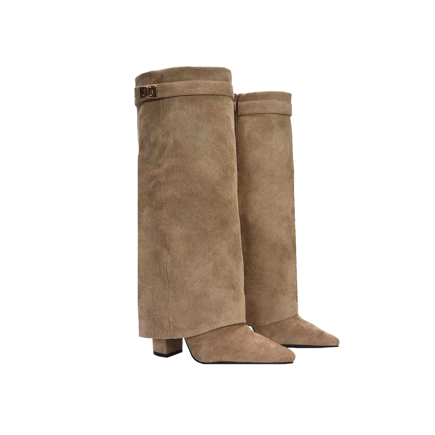 Taupe - Lifestyle - XY London Womens-Ladies Rayna Fold Over Pointed Knee-High Boots