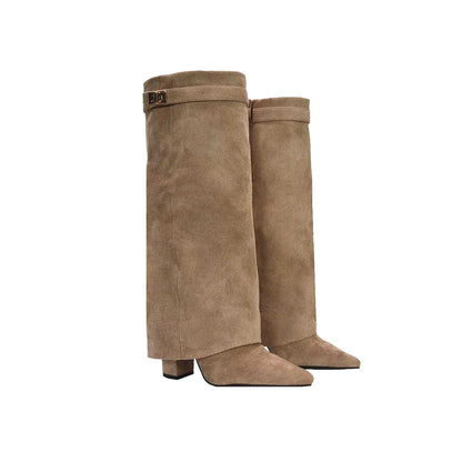 Taupe - Lifestyle - XY London Womens-Ladies Rayna Fold Over Pointed Knee-High Boots