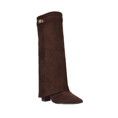Chocolate - Front - XY London Womens-Ladies Rayna Fold Over Pointed Knee-High Boots