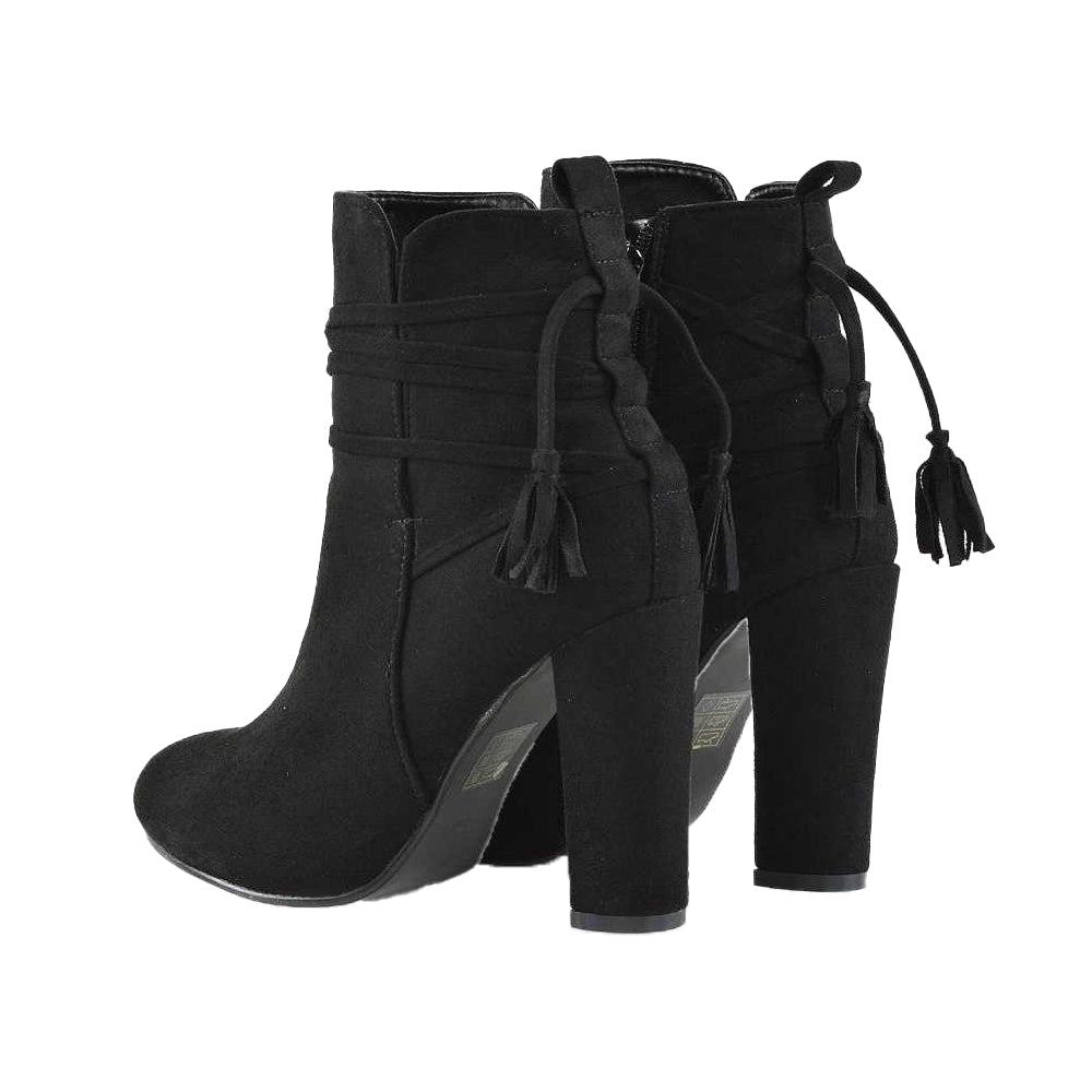 Jet Black - Back - XY London Womens-Ladies Jamie Tassel Tie Up High Block Heel Ankle Boots
