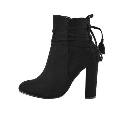 Jet Black - Side - XY London Womens-Ladies Jamie Tassel Tie Up High Block Heel Ankle Boots