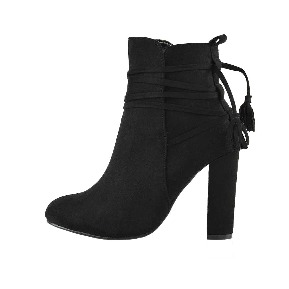 Jet Black - Side - XY London Womens-Ladies Jamie Tassel Tie Up High Block Heel Ankle Boots