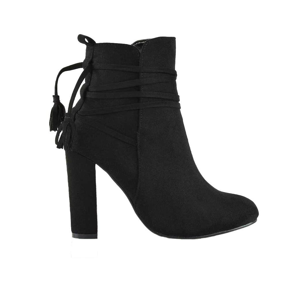 Jet Black - Lifestyle - XY London Womens-Ladies Jamie Tassel Tie Up High Block Heel Ankle Boots