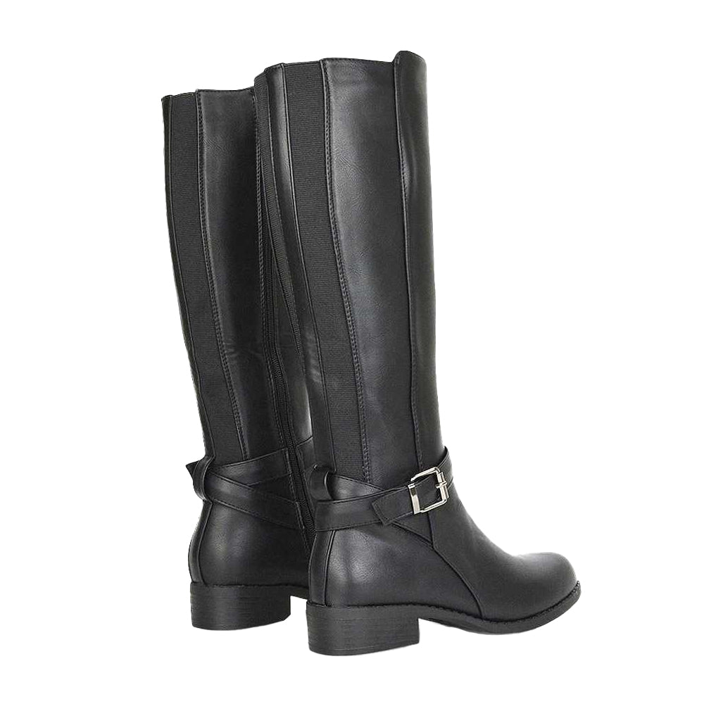 Black - Back - XY London Womens-Ladies Cameron Elasticated Shaft Low Block Heel Knee-High Boots