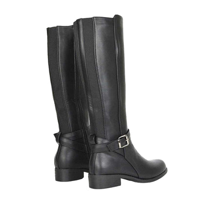 Black - Back - XY London Womens-Ladies Cameron Elasticated Shaft Low Block Heel Knee-High Boots