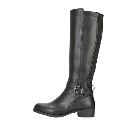 Black - Side - XY London Womens-Ladies Cameron Elasticated Shaft Low Block Heel Knee-High Boots