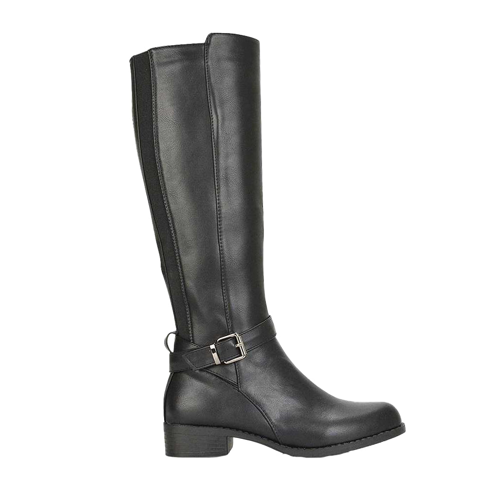 Black - Lifestyle - XY London Womens-Ladies Cameron Elasticated Shaft Low Block Heel Knee-High Boots