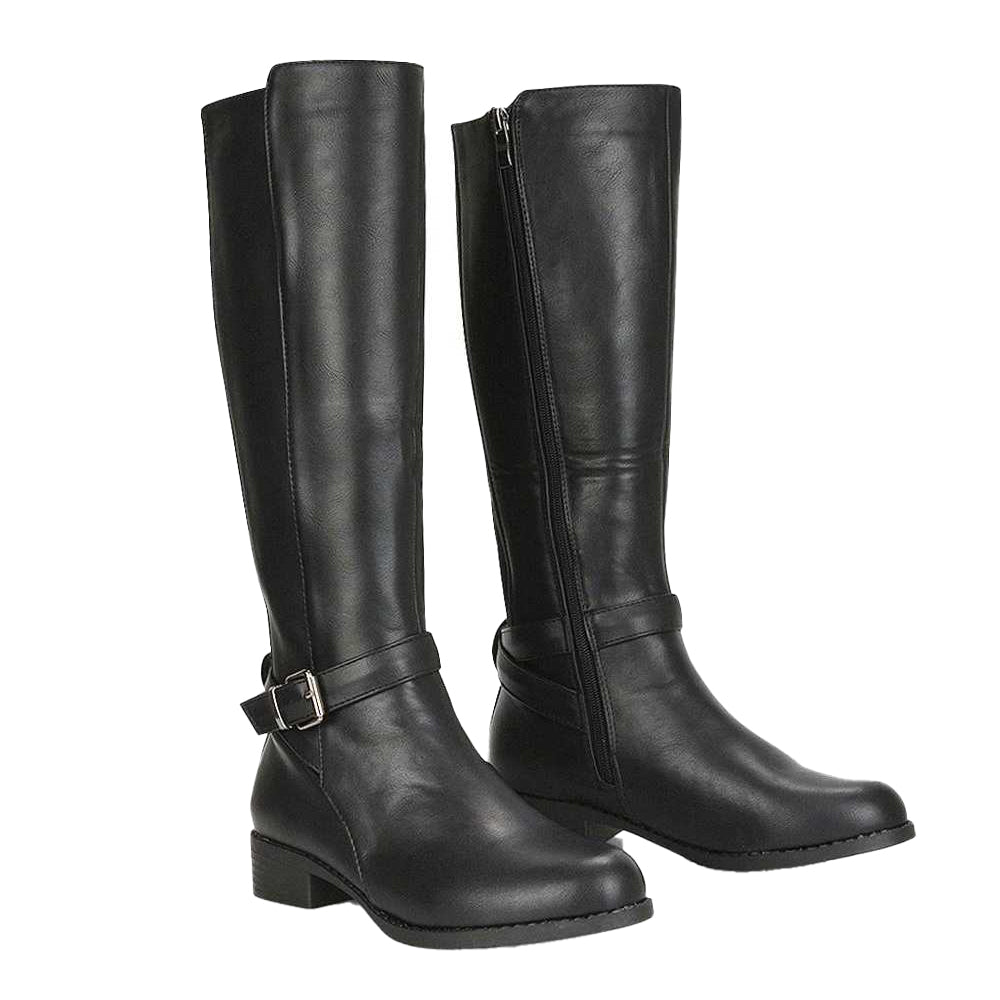 Black - Front - XY London Womens-Ladies Cameron Elasticated Shaft Low Block Heel Knee-High Boots