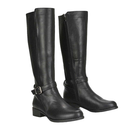Black - Front - XY London Womens-Ladies Cameron Elasticated Shaft Low Block Heel Knee-High Boots