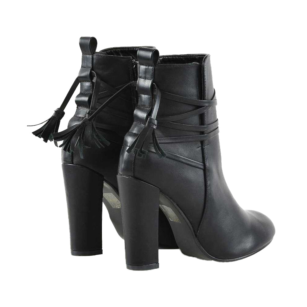 Black - Back - XY London Womens-Ladies Jamie Tassel Tie Up High Block Heel Ankle Boots