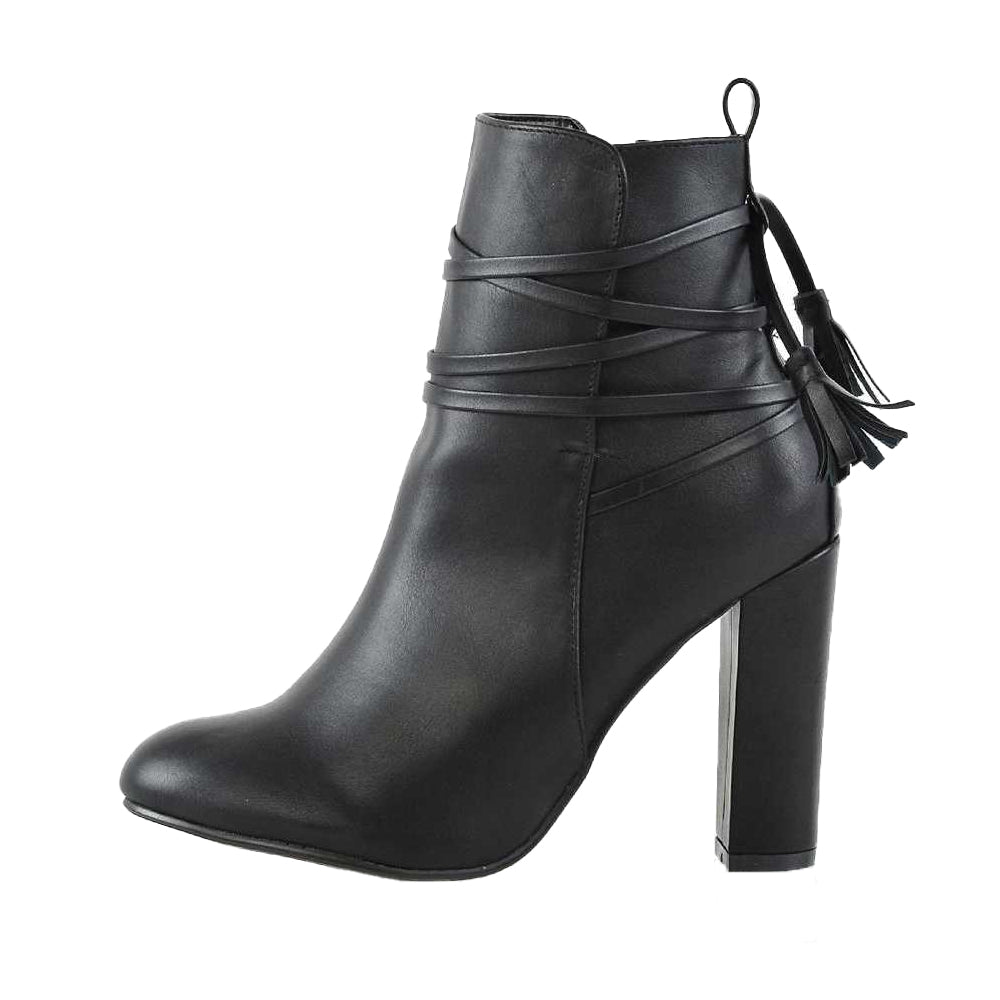 Black - Side - XY London Womens-Ladies Jamie Tassel Tie Up High Block Heel Ankle Boots