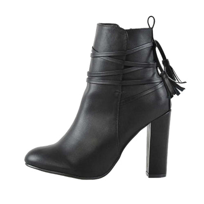 Black - Side - XY London Womens-Ladies Jamie Tassel Tie Up High Block Heel Ankle Boots