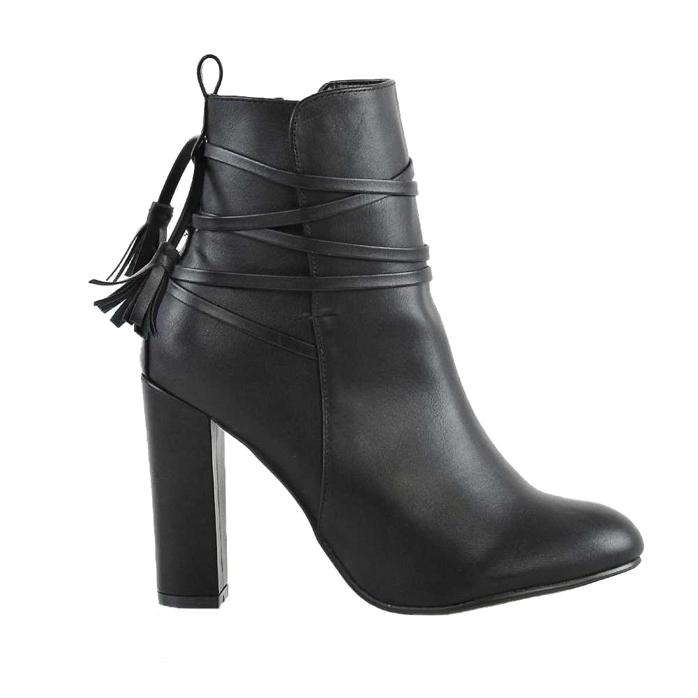 Black - Lifestyle - XY London Womens-Ladies Jamie Tassel Tie Up High Block Heel Ankle Boots
