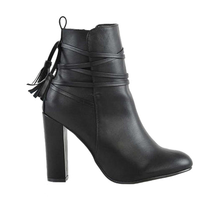 Black - Lifestyle - XY London Womens-Ladies Jamie Tassel Tie Up High Block Heel Ankle Boots