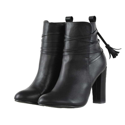 Black - Front - XY London Womens-Ladies Jamie Tassel Tie Up High Block Heel Ankle Boots