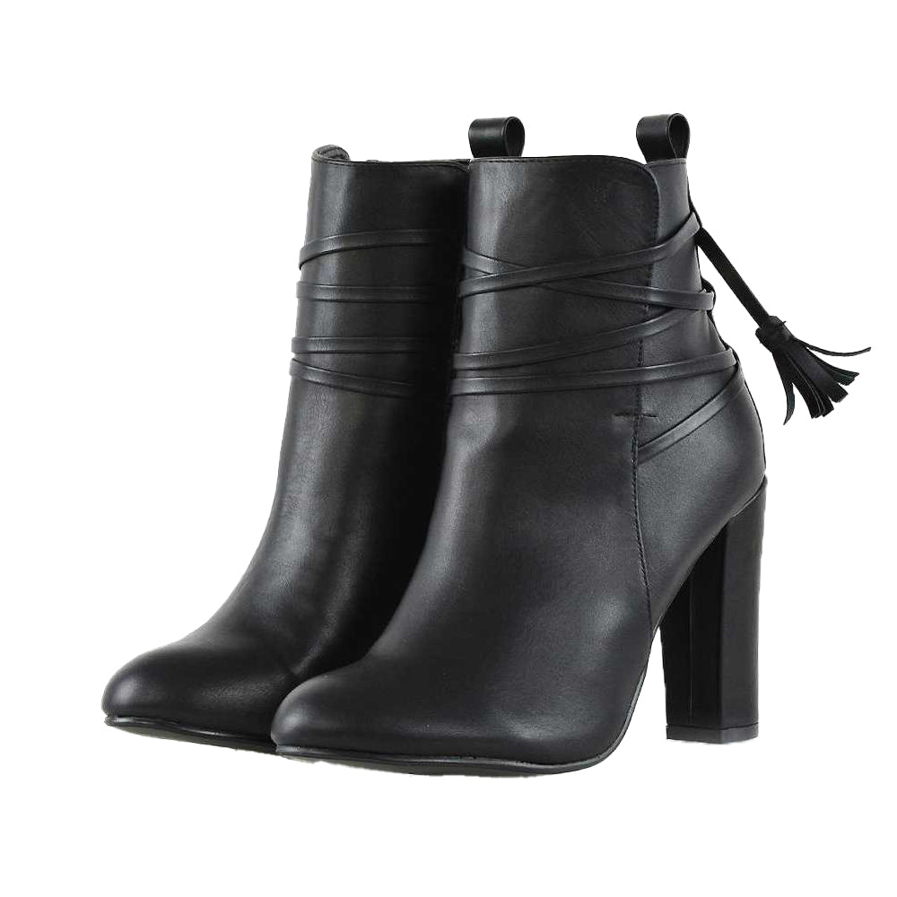 Black - Front - XY London Womens-Ladies Jamie Tassel Tie Up High Block Heel Ankle Boots