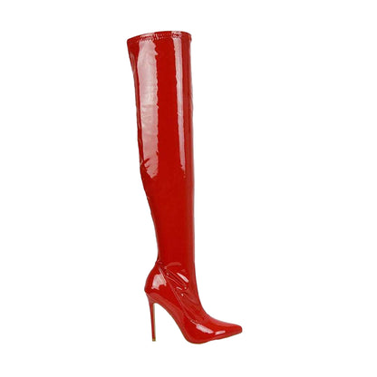 Red - Side - XY London Womens-Ladies Piper Patent High Heel Thigh-High Boots
