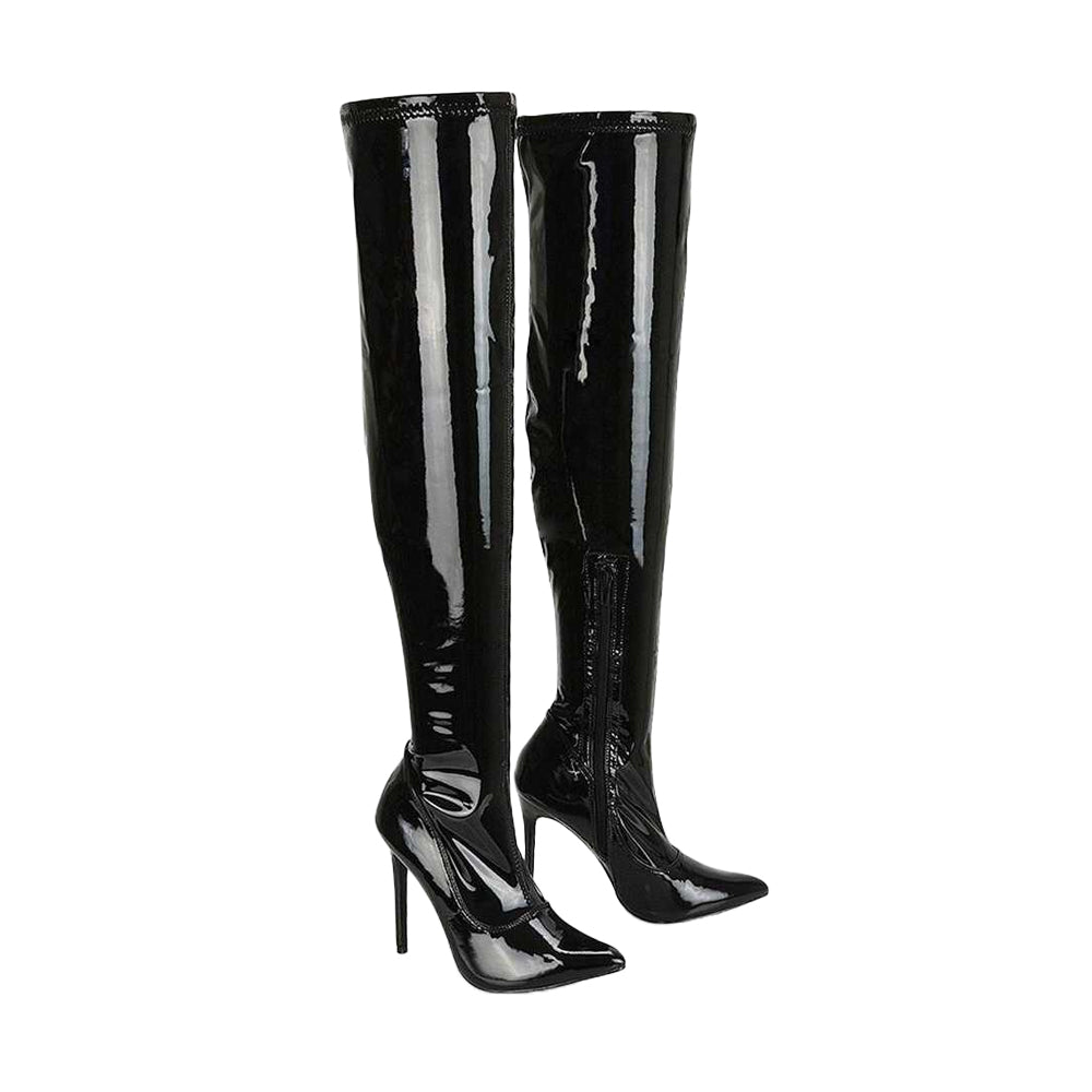 True Black - Front - XY London Womens-Ladies Piper Patent High Heel Thigh-High Boots