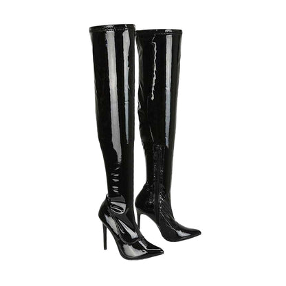 True Black - Front - XY London Womens-Ladies Piper Patent High Heel Thigh-High Boots