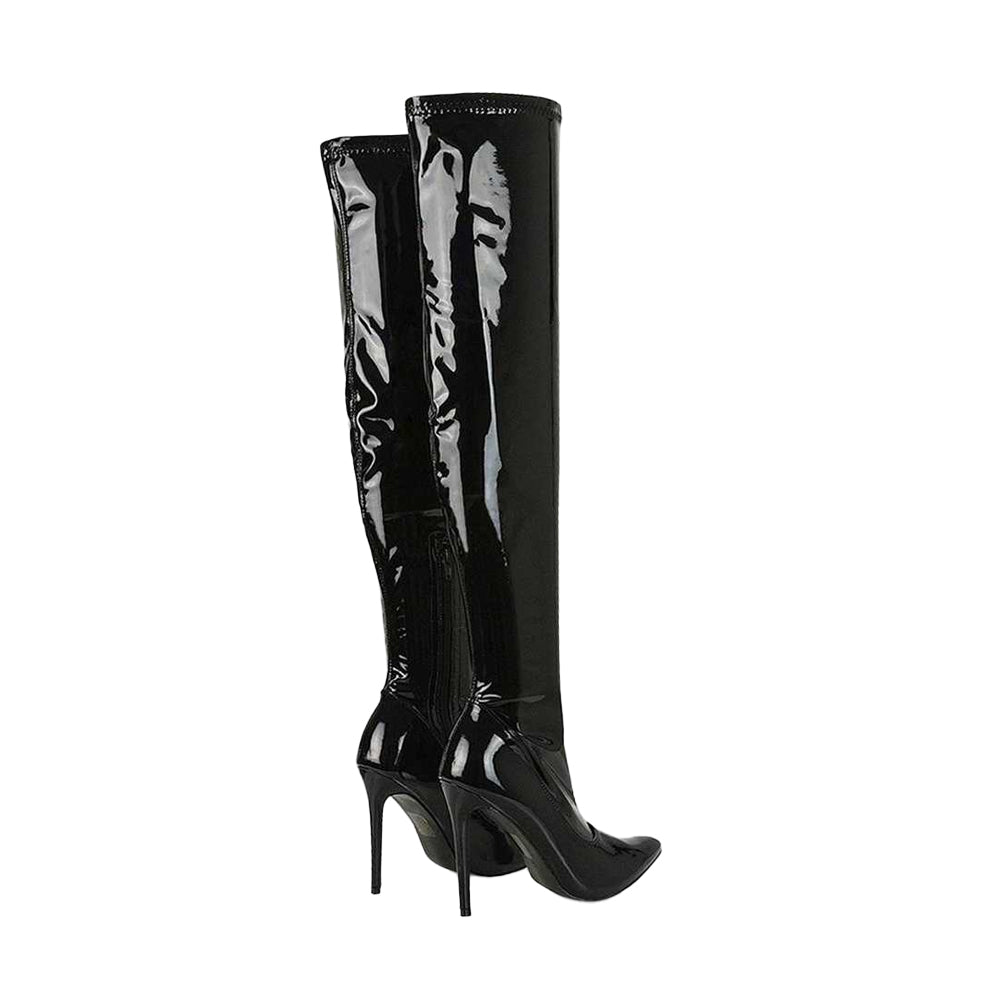 True Black - Back - XY London Womens-Ladies Piper Patent High Heel Thigh-High Boots