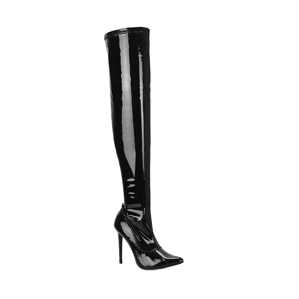 True Black - Side - XY London Womens-Ladies Piper Patent High Heel Thigh-High Boots