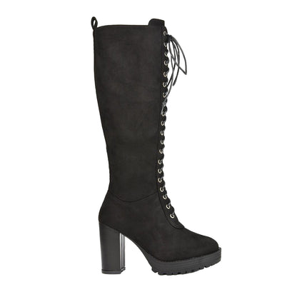 Jet Black - Side - XY London Womens-Ladies Ruthie Suedette Platform Knee-High Boots
