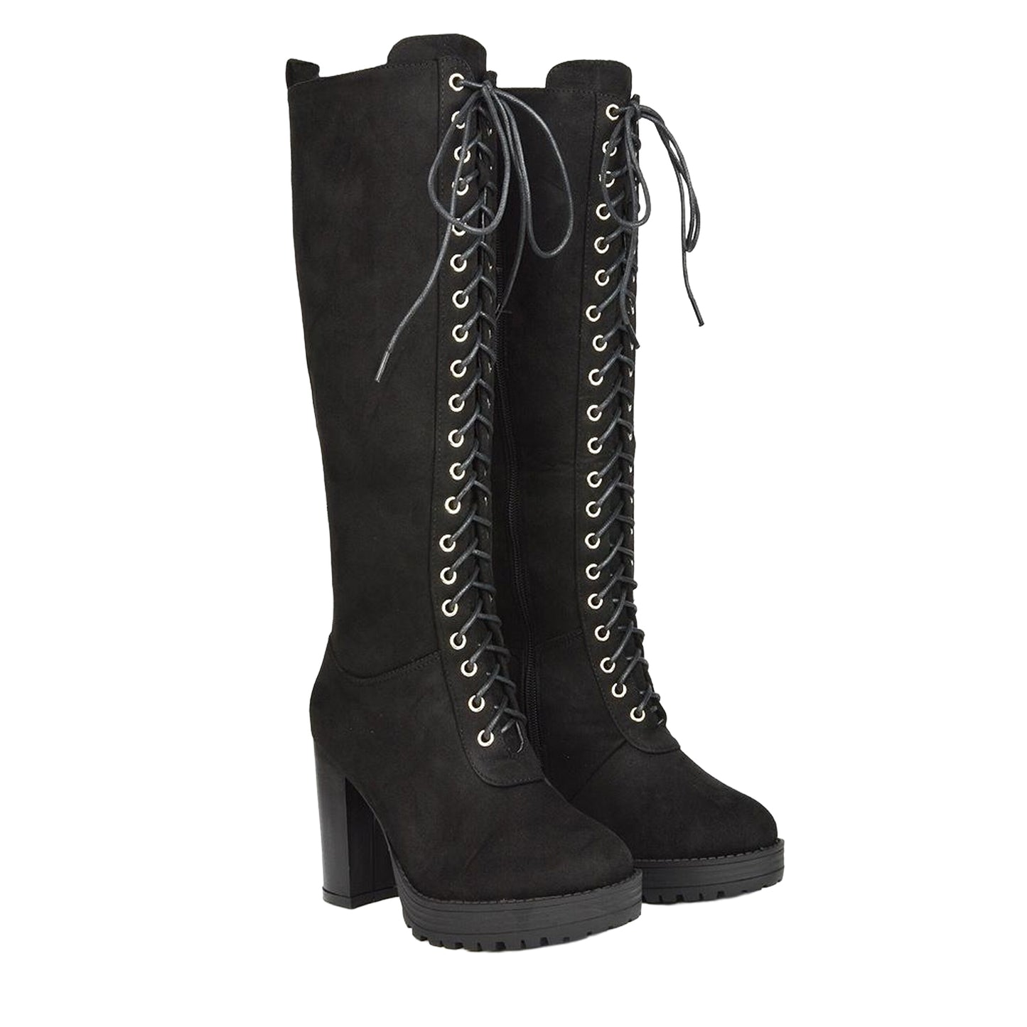 Jet Black - Front - XY London Womens-Ladies Ruthie Suedette Platform Knee-High Boots