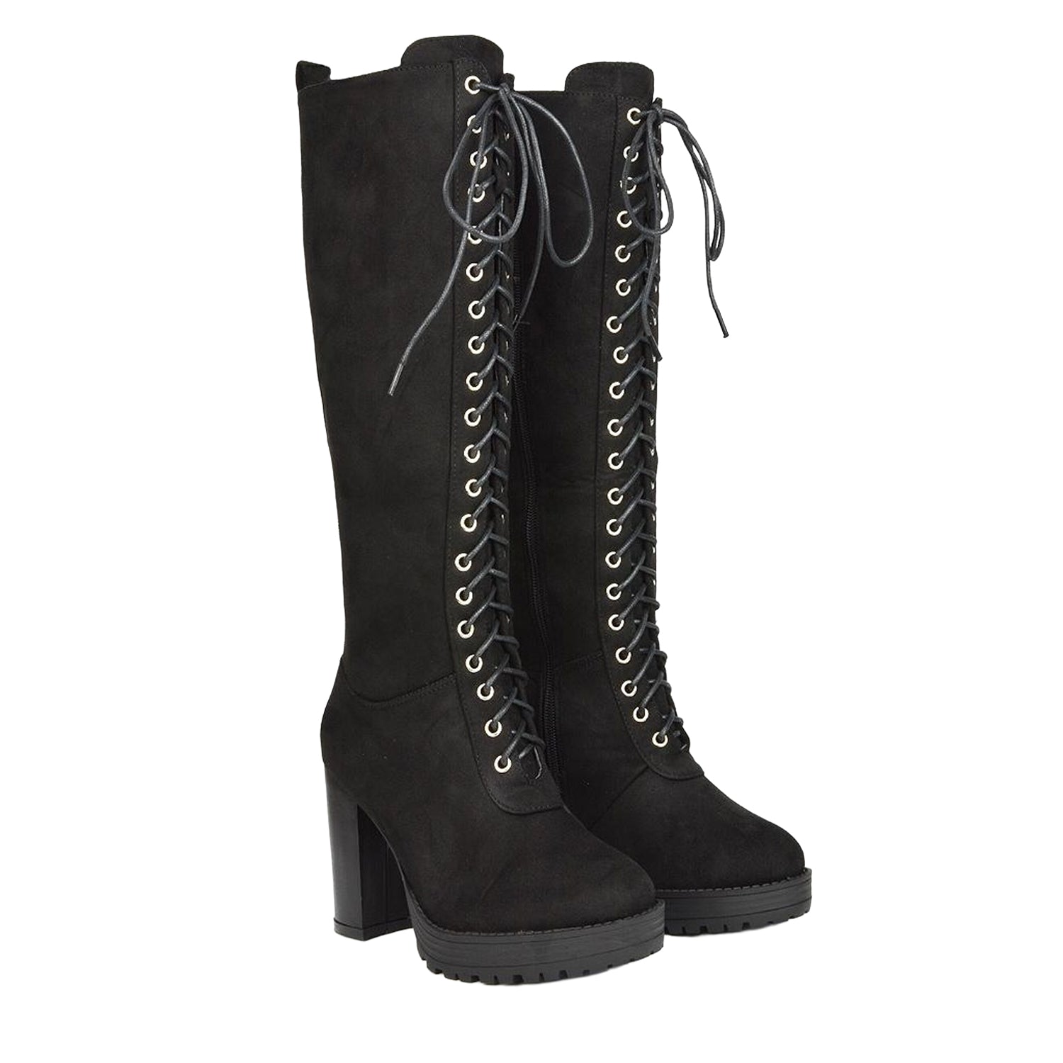 Jet Black - Front - XY London Womens-Ladies Ruthie Suedette Platform Knee-High Boots