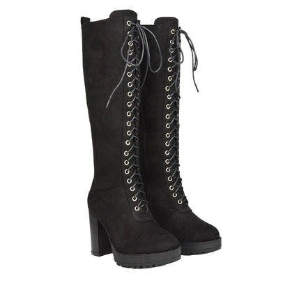 Jet Black - Front - XY London Womens-Ladies Ruthie Suedette Platform Knee-High Boots