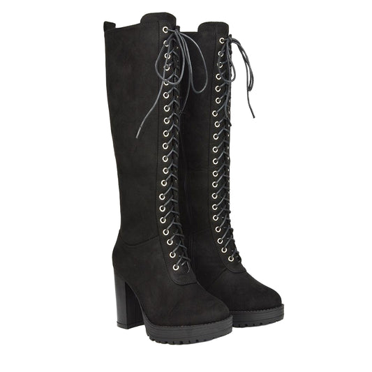 Jet Black - Front - XY London Womens-Ladies Ruthie Suedette Platform Knee-High Boots