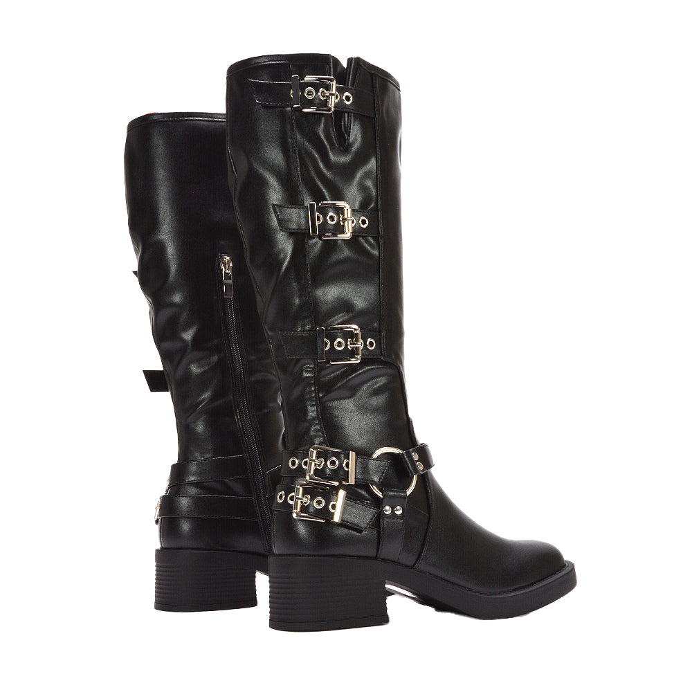 Black - Back - XY London Womens-Ladies Cobra Square Toe Mid Block Heel Biker Boots