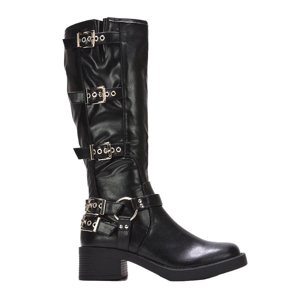 Black - Side - XY London Womens-Ladies Cobra Square Toe Mid Block Heel Biker Boots