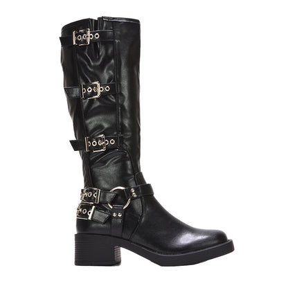 Black - Side - XY London Womens-Ladies Cobra Square Toe Mid Block Heel Biker Boots