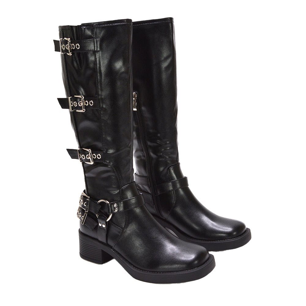 Black - Lifestyle - XY London Womens-Ladies Cobra Square Toe Mid Block Heel Biker Boots
