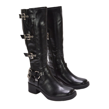 Black - Lifestyle - XY London Womens-Ladies Cobra Square Toe Mid Block Heel Biker Boots