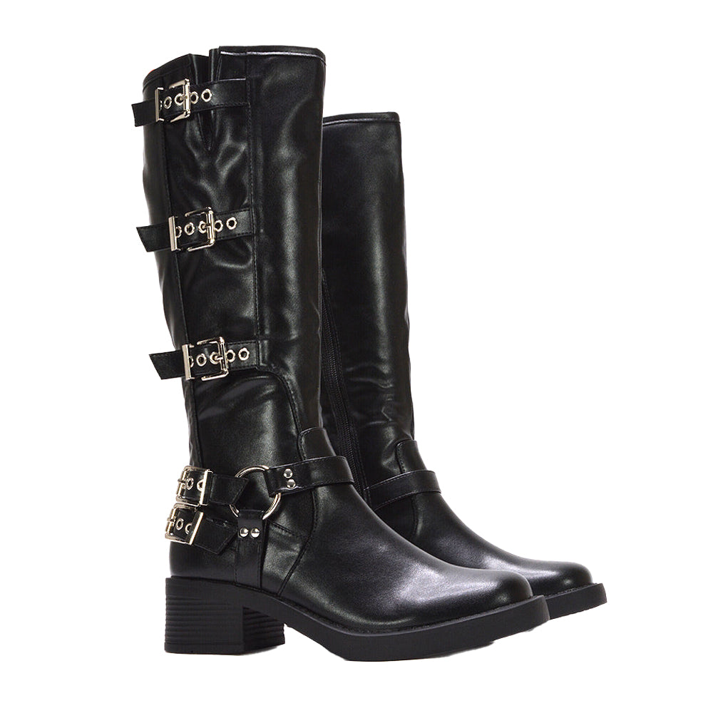 Black - Pack Shot - XY London Womens-Ladies Cobra Square Toe Mid Block Heel Biker Boots