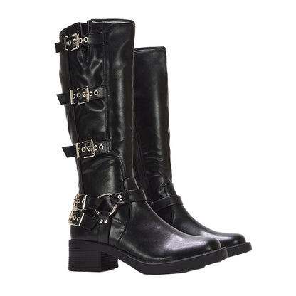 Black - Pack Shot - XY London Womens-Ladies Cobra Square Toe Mid Block Heel Biker Boots