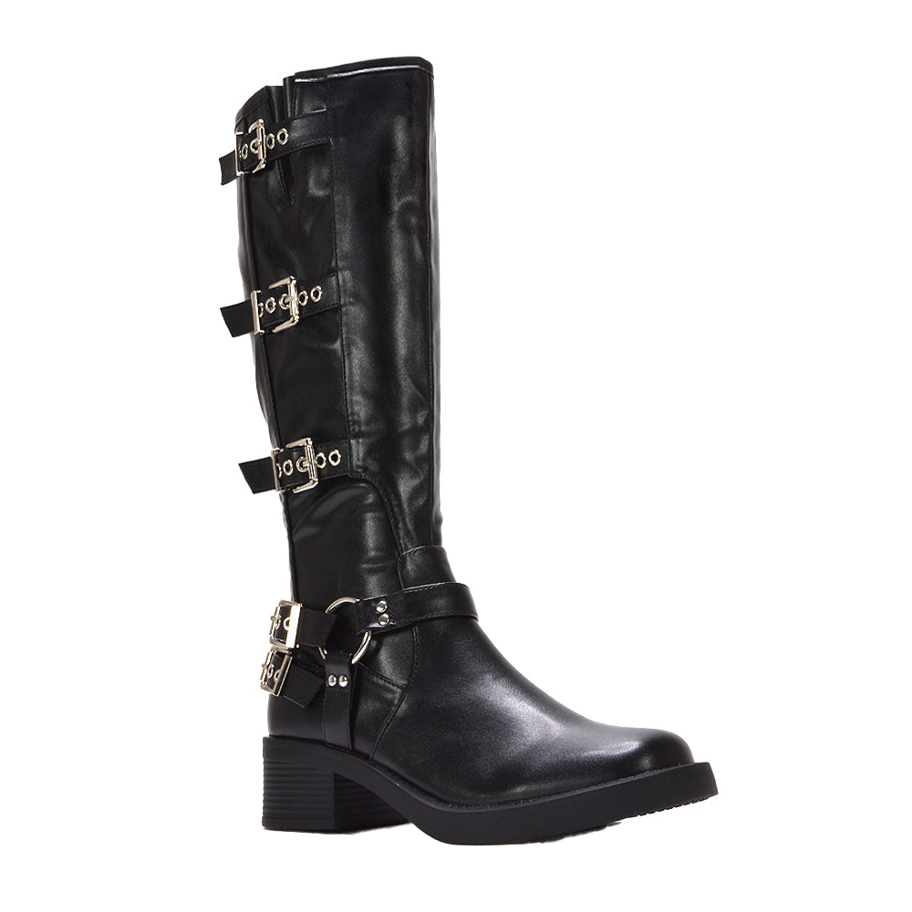 Black - Front - XY London Womens-Ladies Cobra Square Toe Mid Block Heel Biker Boots