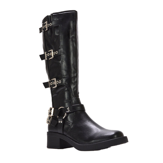 Black - Front - XY London Womens-Ladies Cobra Square Toe Mid Block Heel Biker Boots