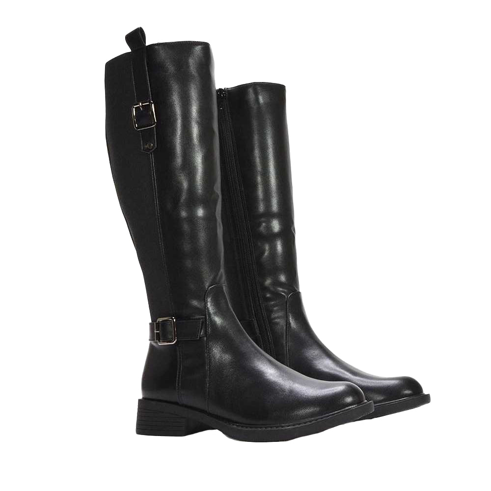 Black - Side - XY London Womens-Ladies Seraphine Knee-High Stretch Low Heel Riding Boots