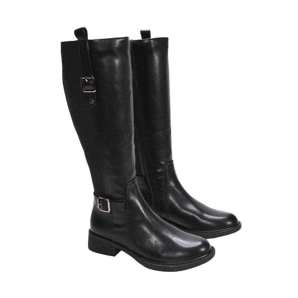 Black - Pack Shot - XY London Womens-Ladies Seraphine Knee-High Stretch Low Heel Riding Boots
