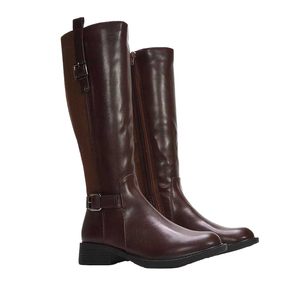 Brown - Side - XY London Womens-Ladies Seraphine Knee-High Stretch Low Heel Riding Boots
